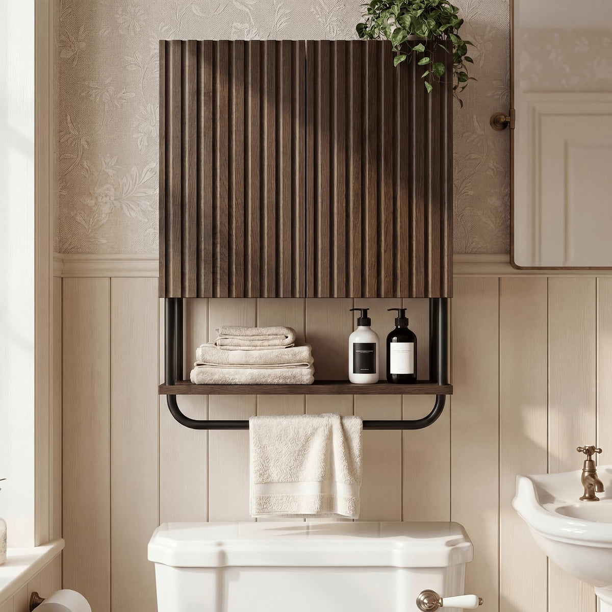 Farmhouse Fluted Wood Wall Mounted Bathroom Cabinet with Adjustable Shelf N51617