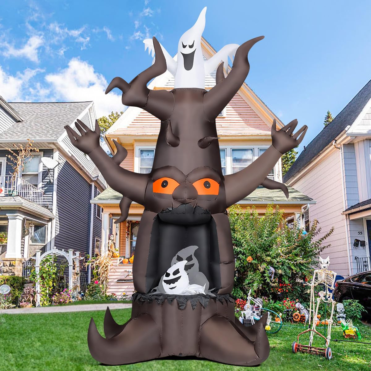 9 Ft Animated Inflatable Dead Tree and White Ghost with Built-In LEDs U1128