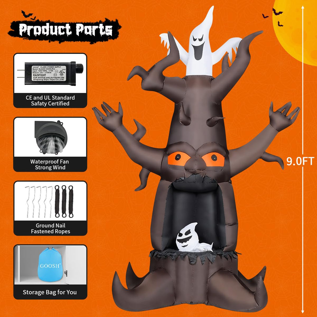 9 Ft Animated Inflatable Dead Tree and White Ghost with Built-In LEDs U1128