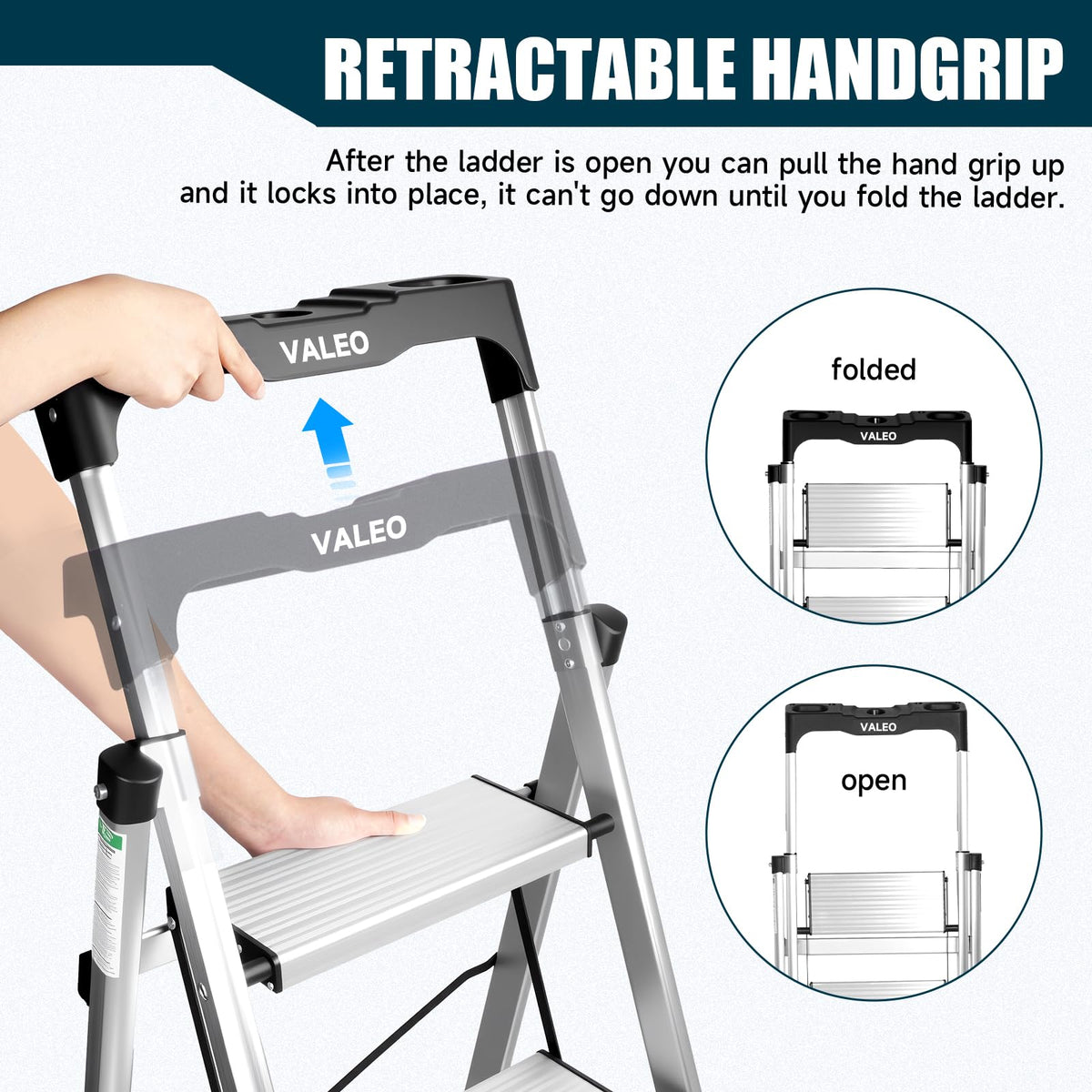 Aluminium 4 Step Ladder with Retractable Handgrip, 330 lbs Capacity, Silver W562