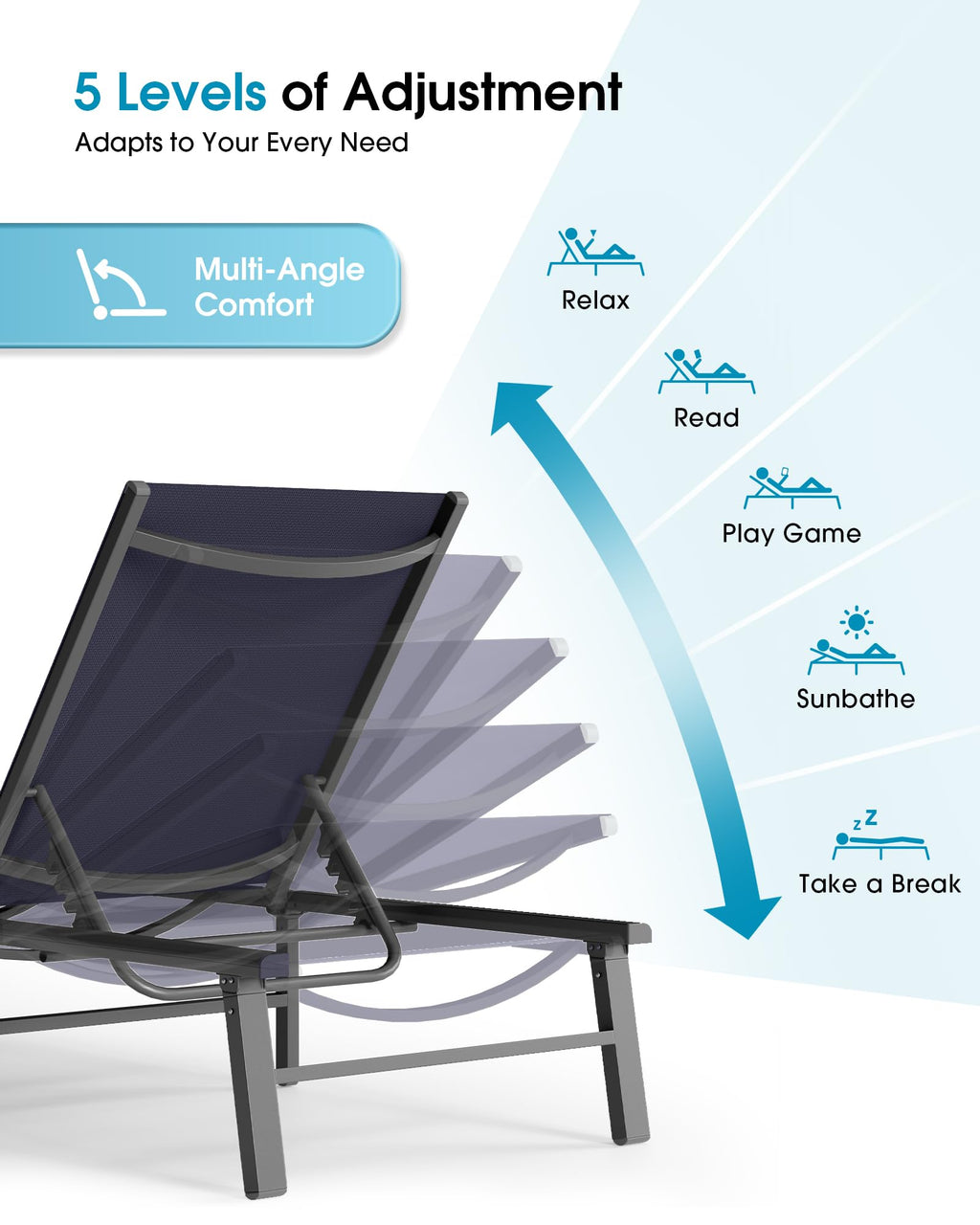 Foldable Aluminum Outdoor Lounge Chair Set of 2 Navy Blue L131889