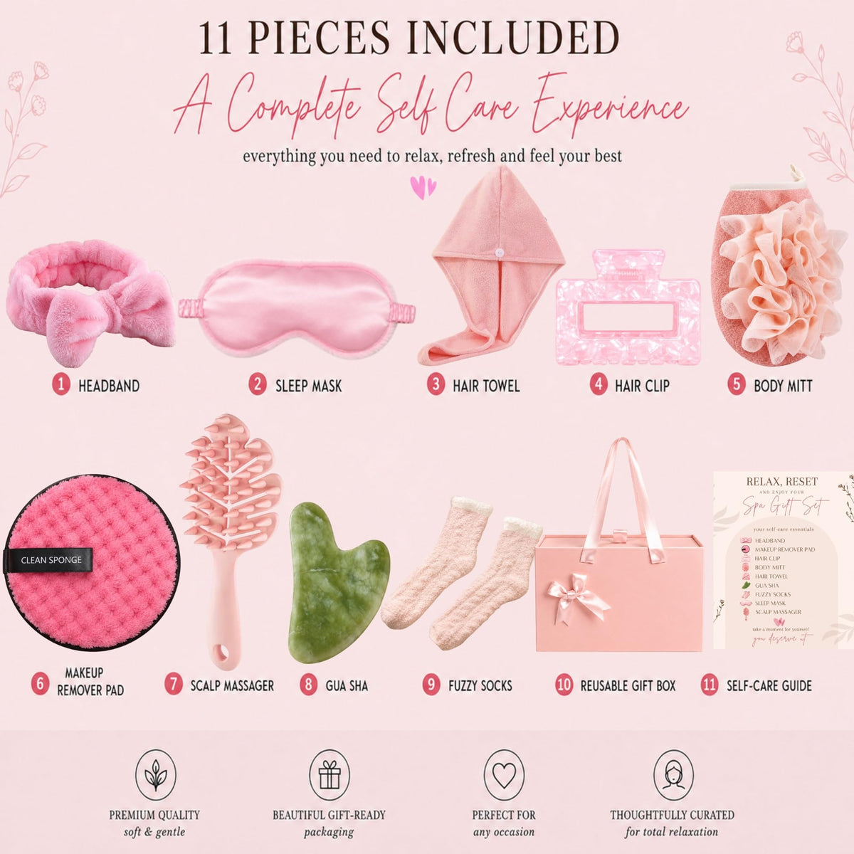 11pc Pink Spa Gift Set with Gua Sha and Sleep Mask F25350