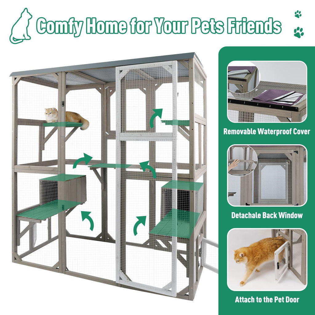 Large Wooden Outdoor Cat Catio Enclosure with 2 Doors, 2 Resting Rooms, 5 Platforms T803