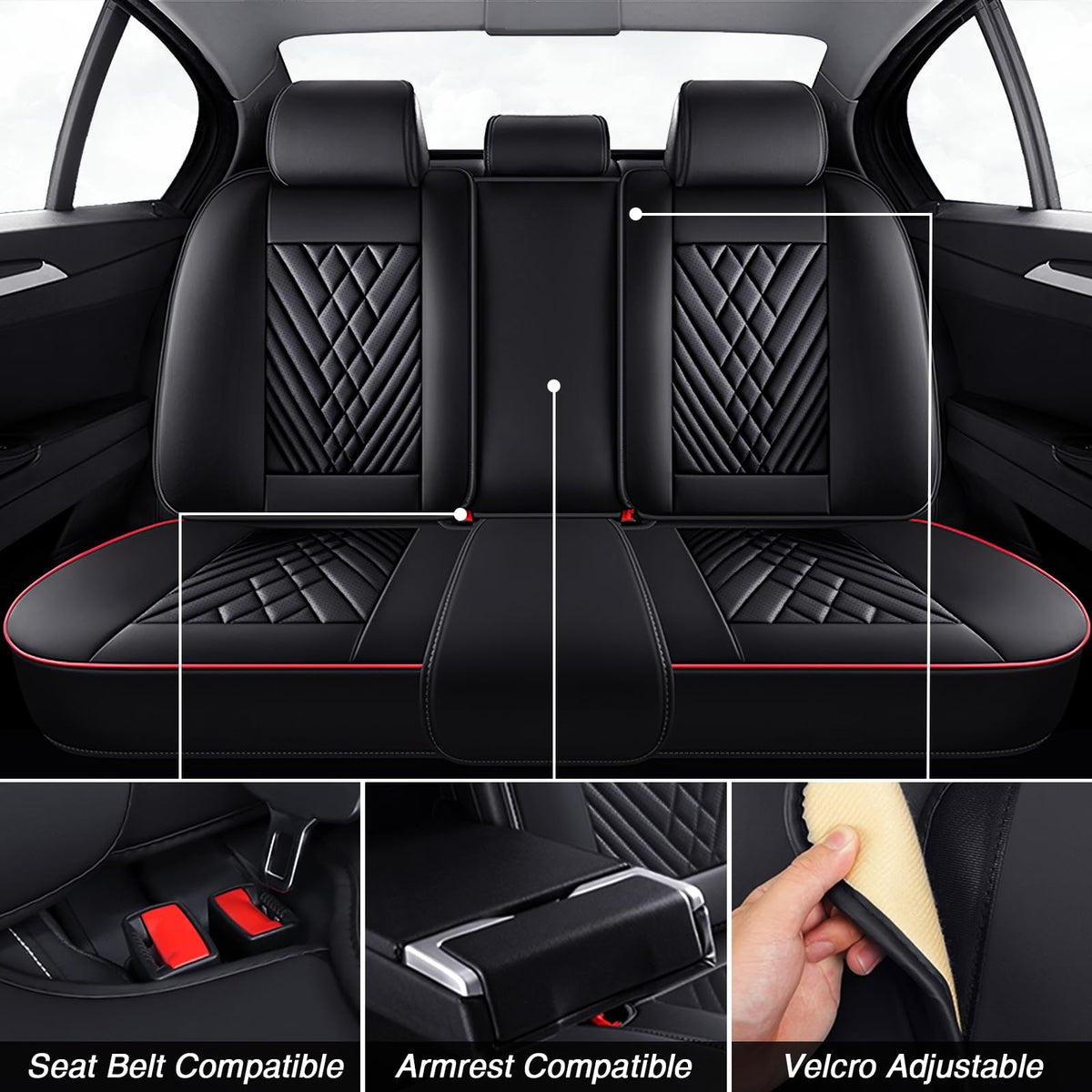 Black-Red Leather Car Seat Covers Full Set B368