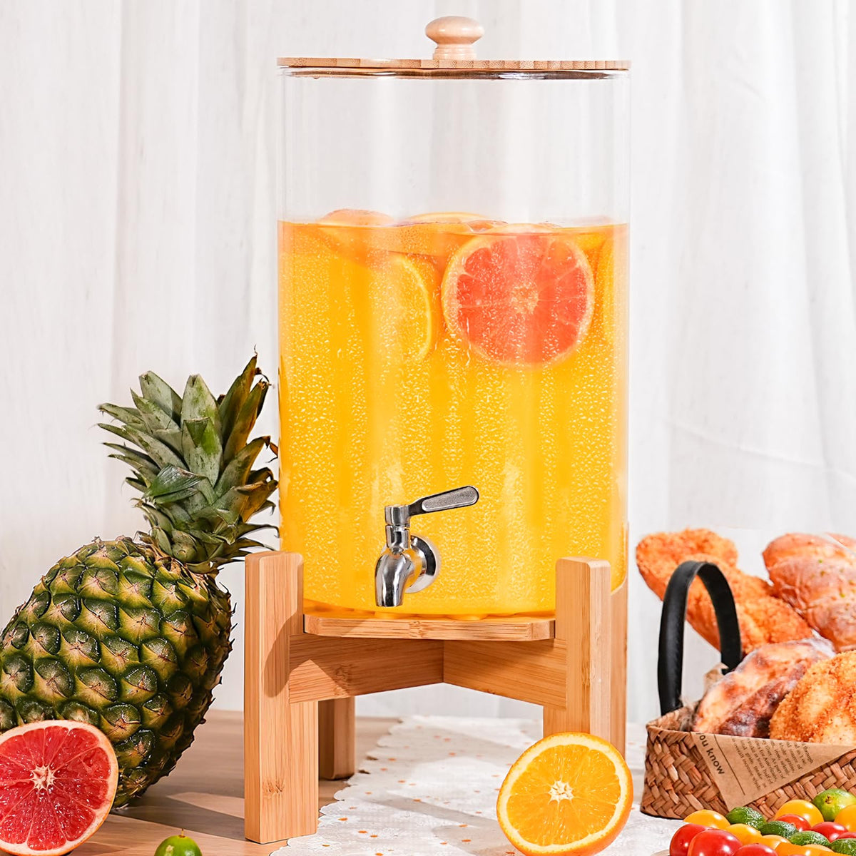 2.2 Gallon Glass Beverage Dispenser with Wood Stand and Stainless Steel Spigot G17899