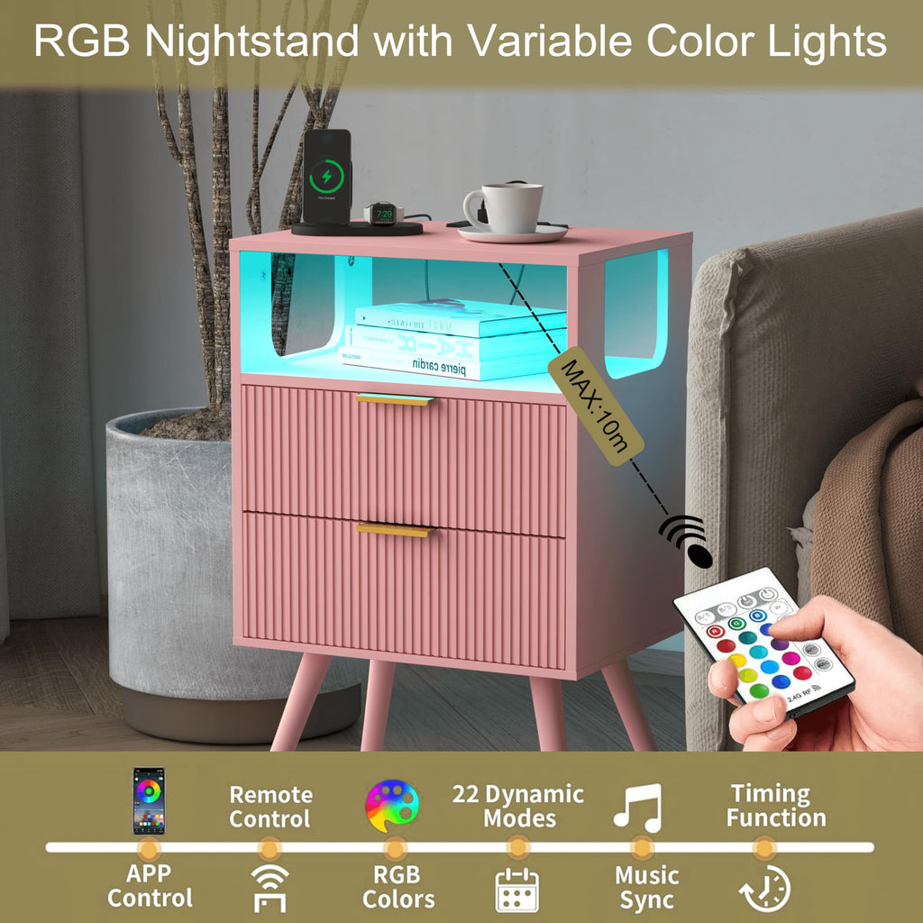 Pink Nightstand with Charging Station and LED Lights H441039
