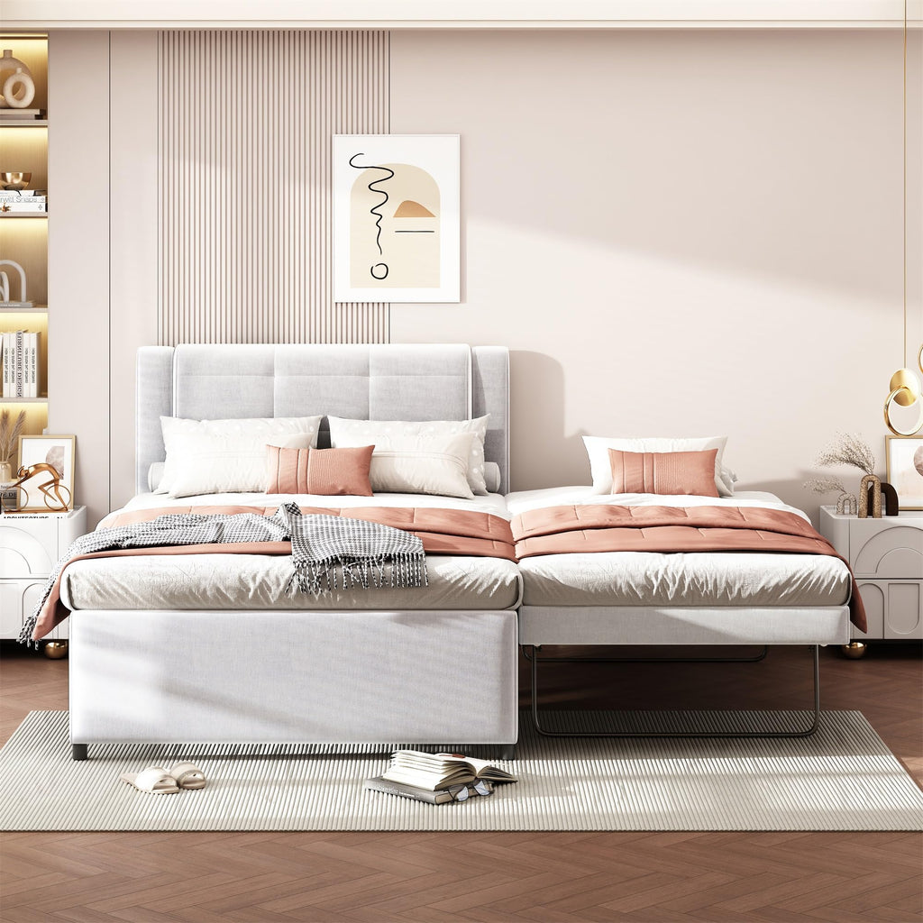 Full Size Linen Fabric Upholstered Platform Bed with Twin Size Trundle P82384