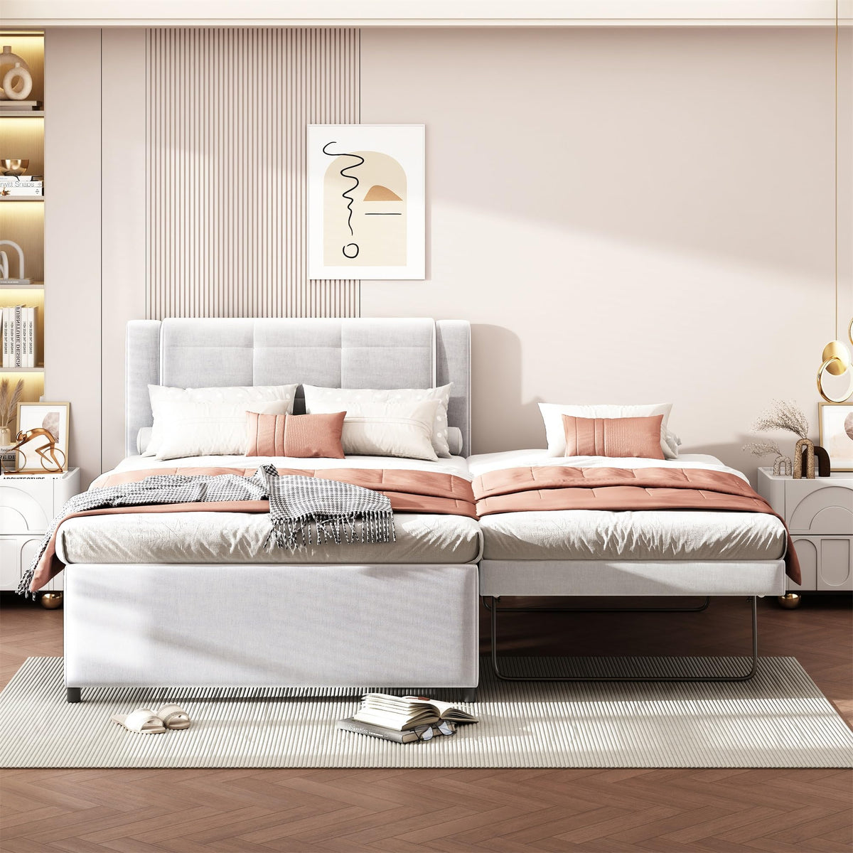 Full Size Linen Fabric Upholstered Platform Bed with Twin Size Trundle P82384