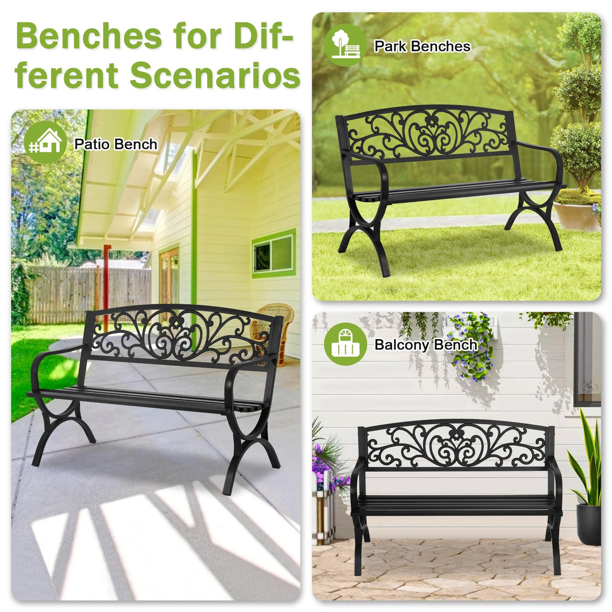 50 Inches Black Metal Outdoor Garden Bench with Floral Pattern Backrest D36637