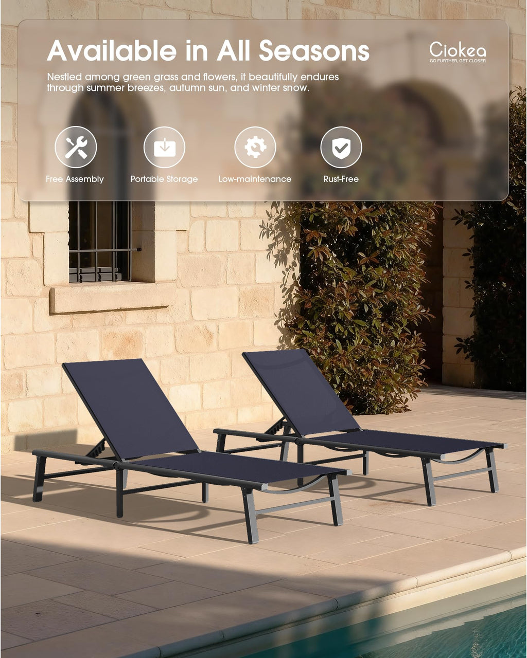 Foldable Aluminum Outdoor Lounge Chair Set of 2 Navy Blue L131889