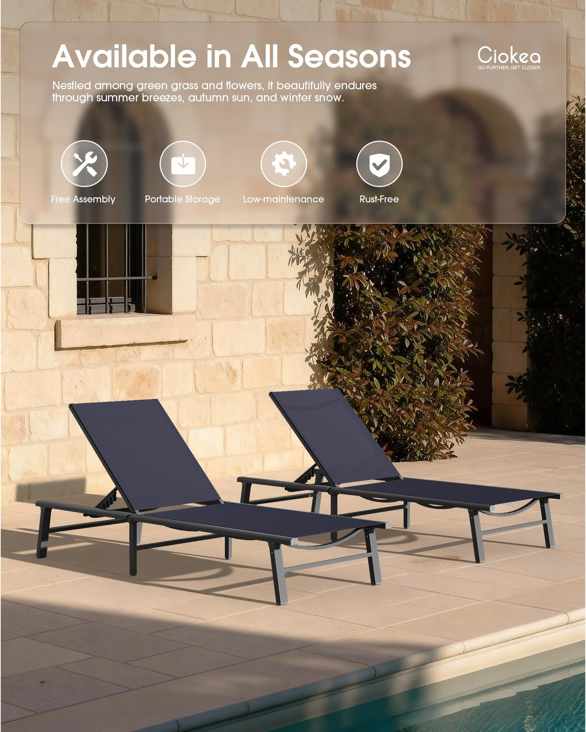 Foldable Aluminum Outdoor Lounge Chair Set of 2 Navy Blue L131889