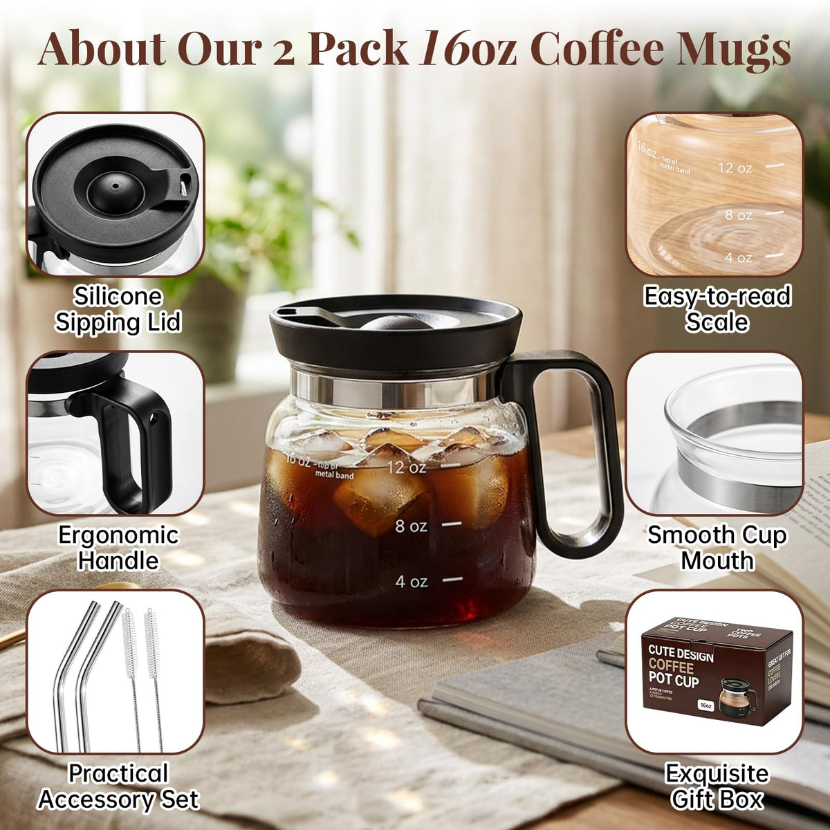 2 Pack 16oz Clear Glass Coffee Mug with Lid and Straw M614