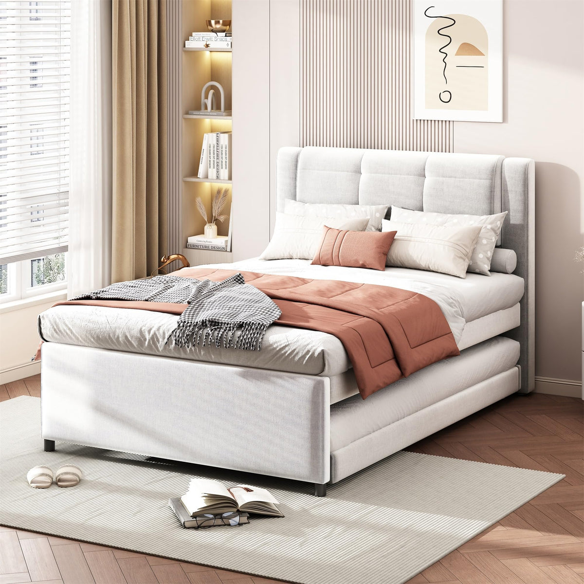Full Size Linen Fabric Upholstered Platform Bed with Twin Size Trundle P82384