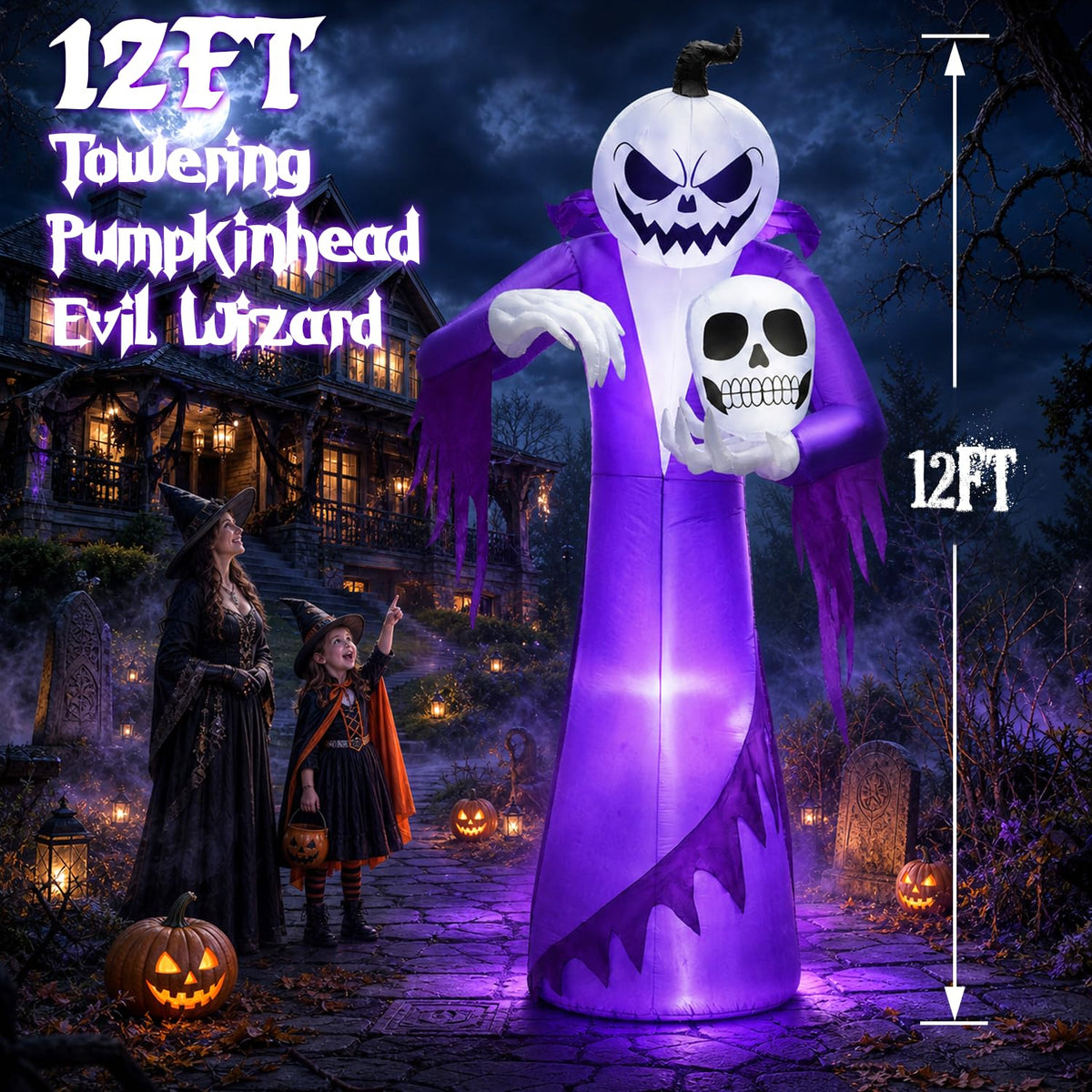 12FT Halloween Inflatables Outdoor Pumpkin Ghost Wizard B80927