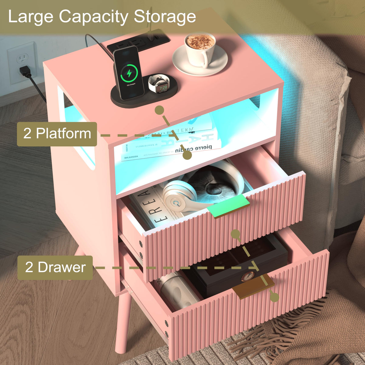 Pink Nightstand with Charging Station and LED Lights H441039