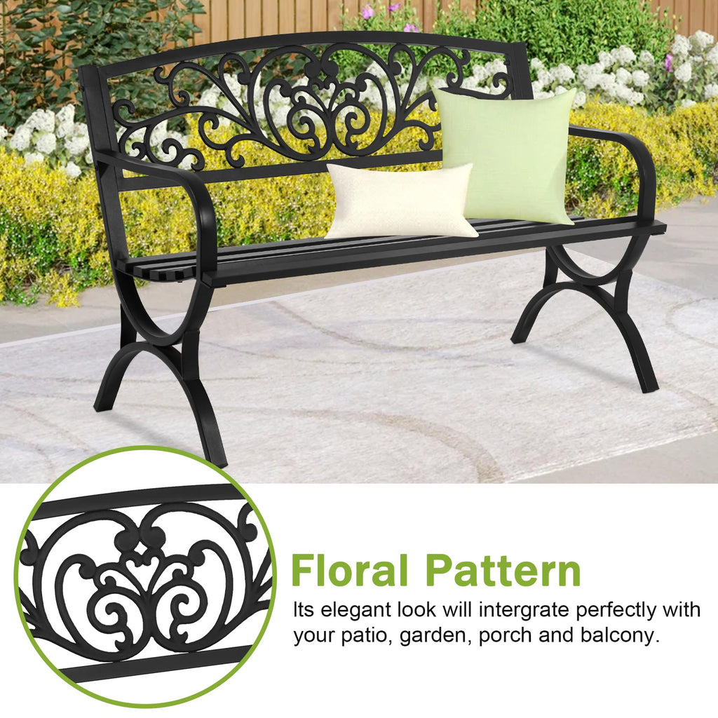 50 Inches Black Metal Outdoor Garden Bench with Floral Pattern Backrest D36637