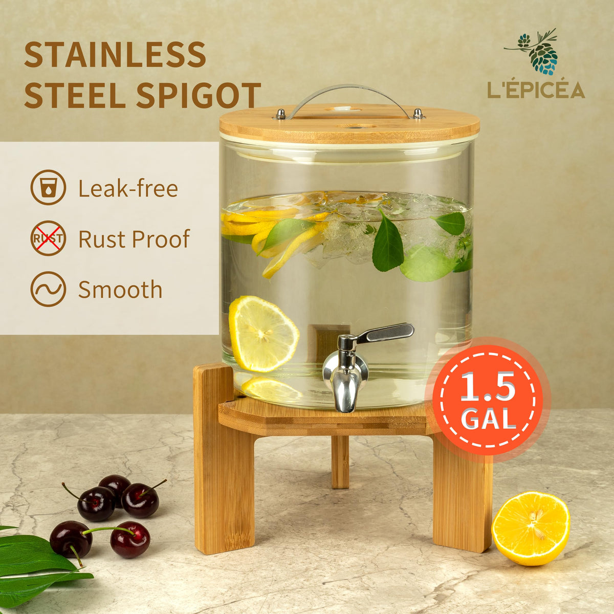 Glass Drink Dispenser with Stand, 1/2 Gallon Stainless Spigot K93097