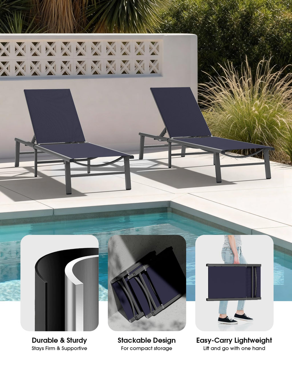 Foldable Aluminum Outdoor Lounge Chair Set of 2 Navy Blue L131889