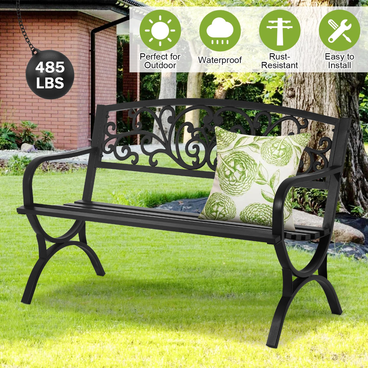 50 Inches Black Metal Outdoor Garden Bench with Floral Pattern Backrest D36637