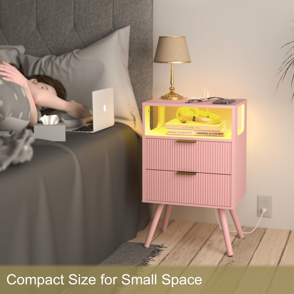 Pink Nightstand with Charging Station and LED Lights H441039