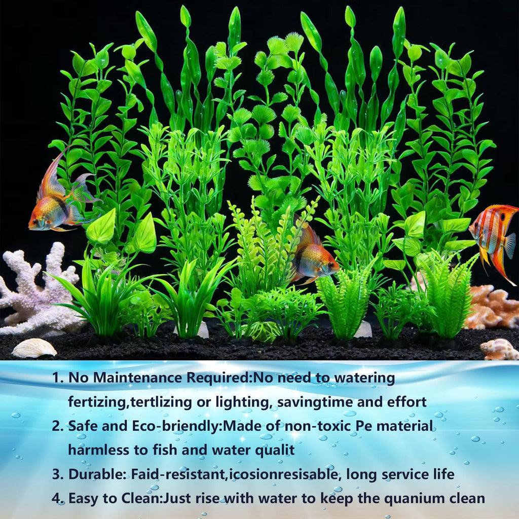 Artificial Aquarium Plants Set, Plastic Fish Tank Decorations (18pcs-Green) T193