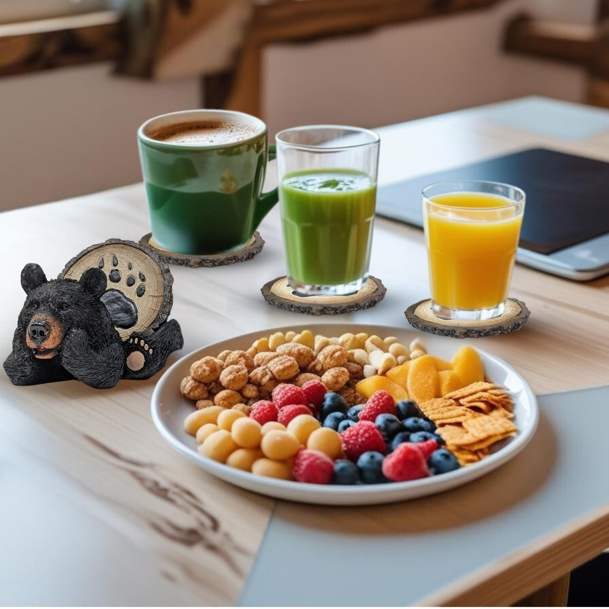 Resin Bear Coaster Set with 4 Coasters and Holder D80586