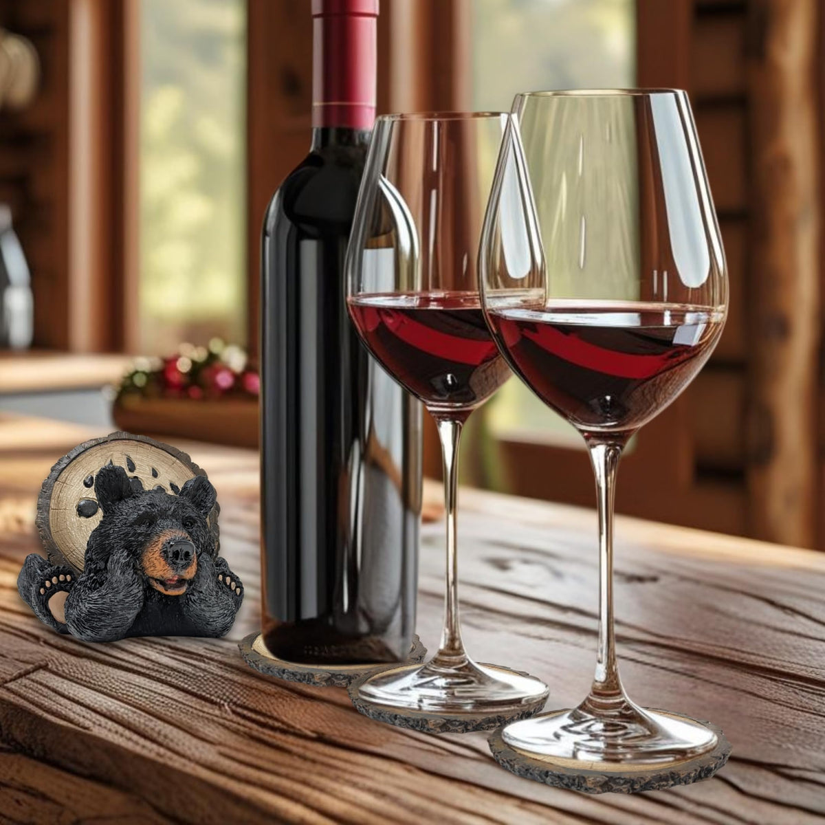 Resin Bear Coaster Set with 4 Coasters and Holder D80586