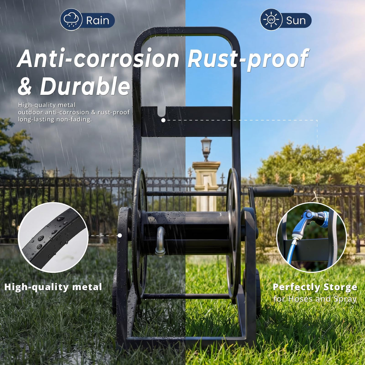 Heavy Duty Metal Garden Hose Reel Cart with Wheels, Holds 200FT Hose G429