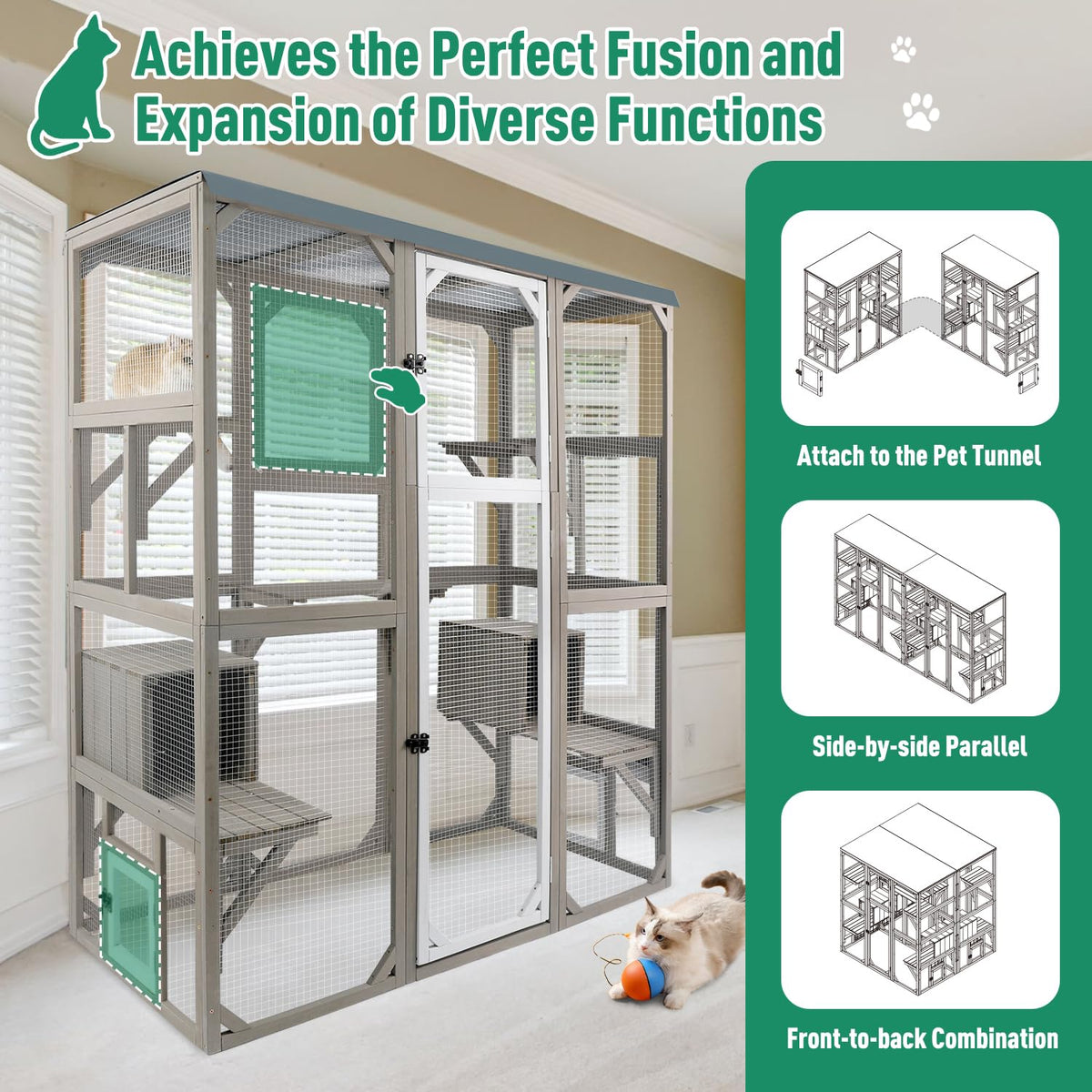 Large Wooden Outdoor Cat Catio Enclosure with 2 Doors, 2 Resting Rooms, 5 Platforms T803