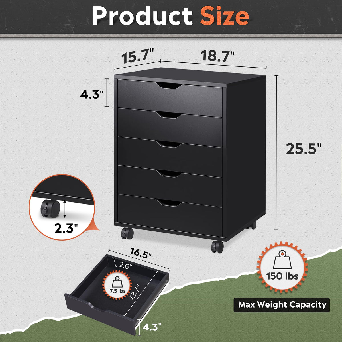 5 Drawer Black Filing Cabinet A488