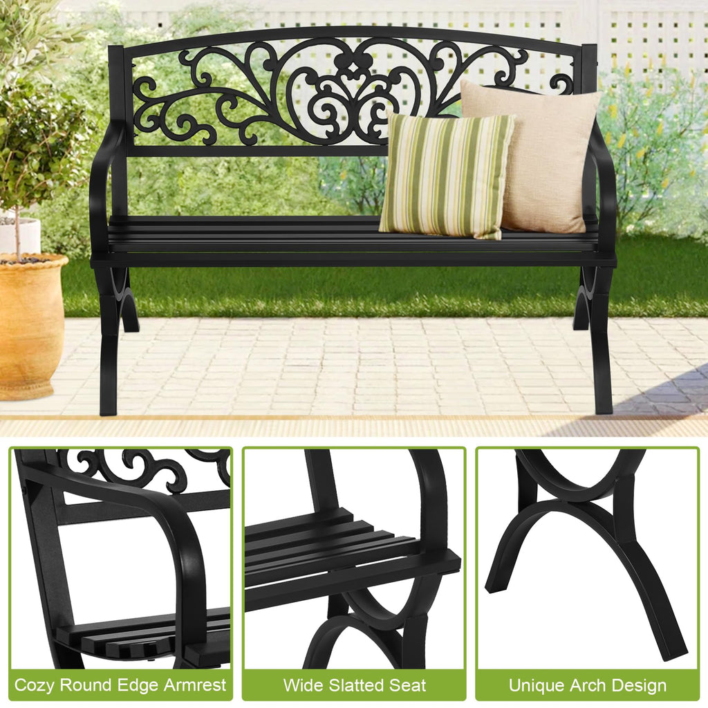 50 Inches Black Metal Outdoor Garden Bench with Floral Pattern Backrest D36637