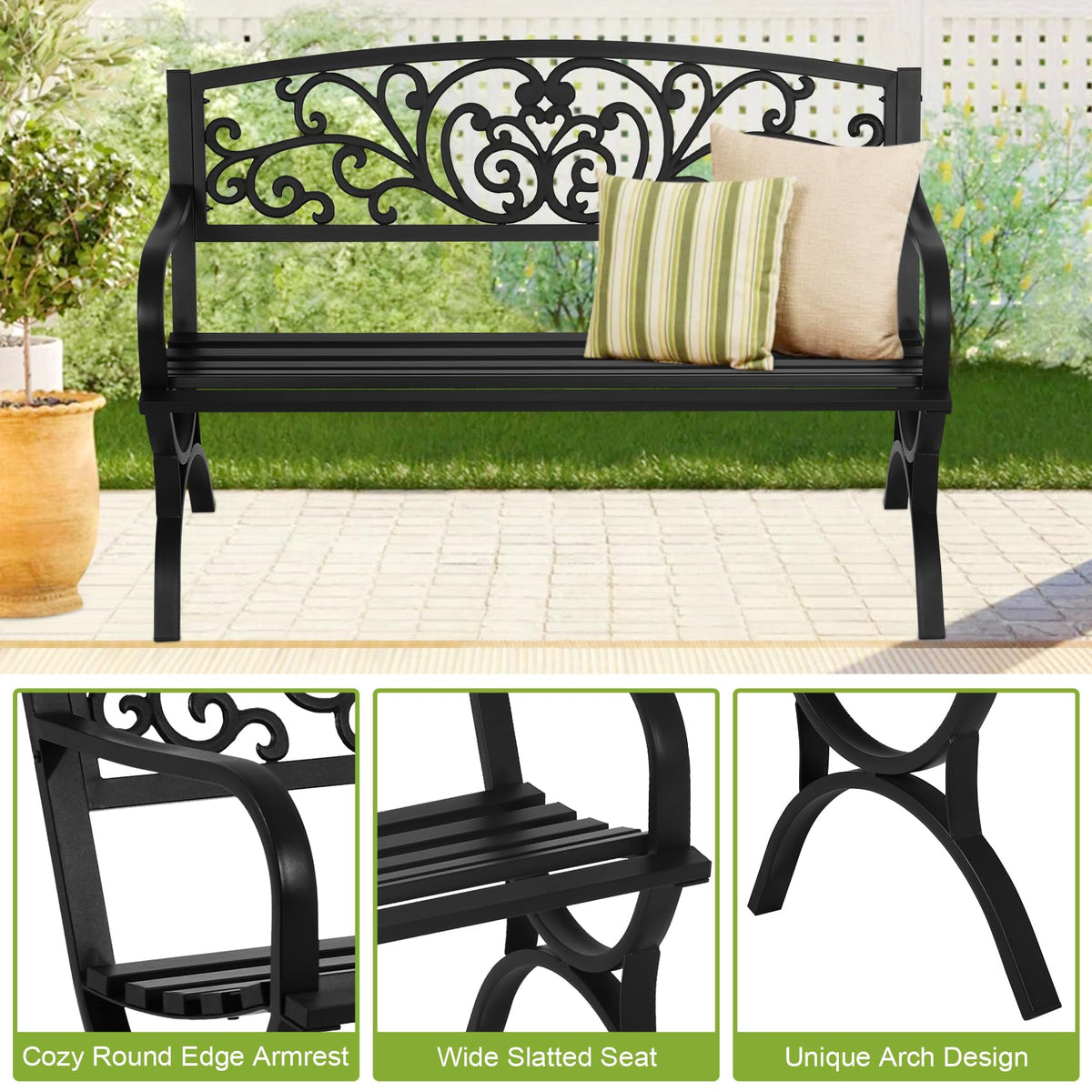 50 Inches Black Metal Outdoor Garden Bench with Floral Pattern Backrest D36637