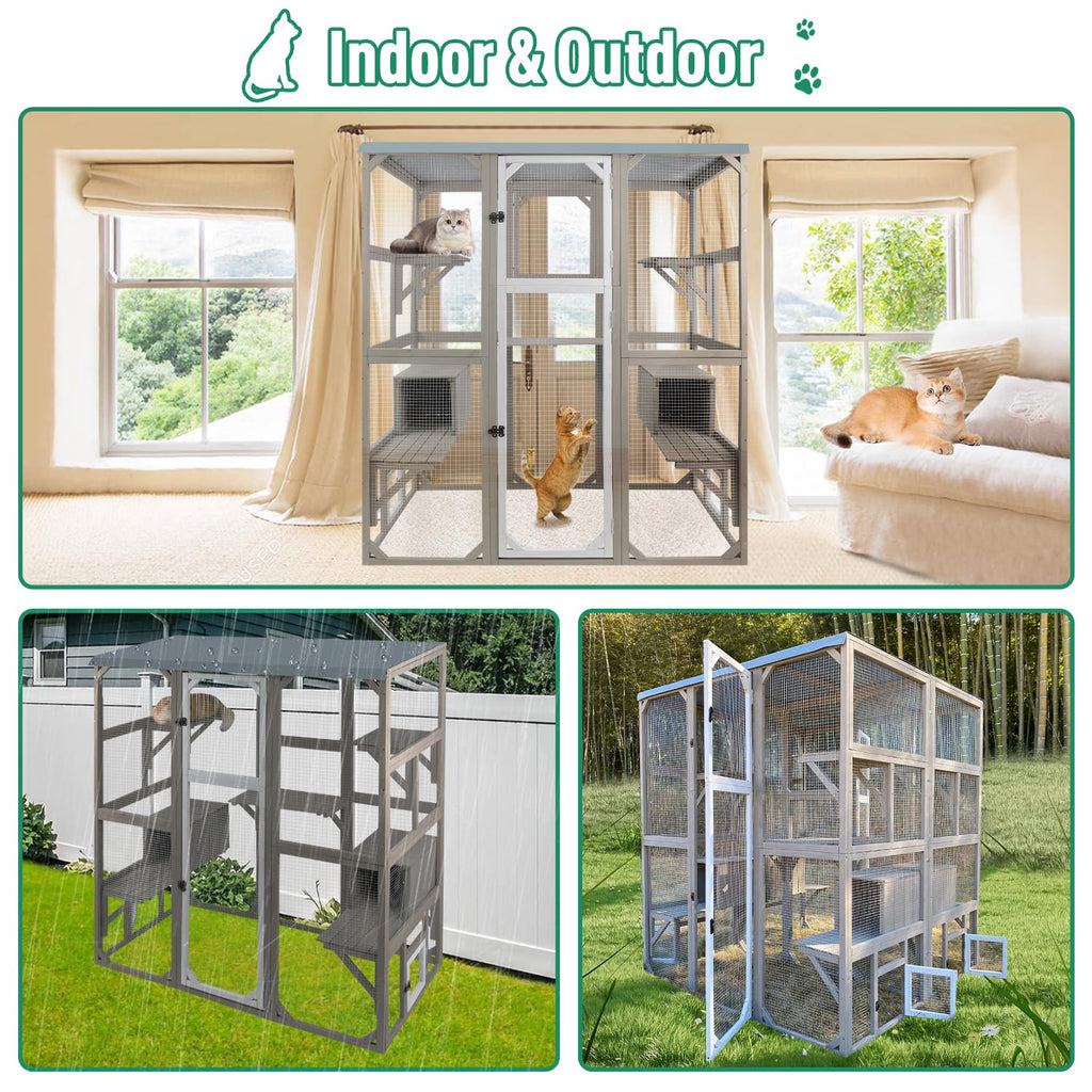 Large Wooden Outdoor Cat Catio Enclosure with 2 Doors, 2 Resting Rooms, 5 Platforms T803