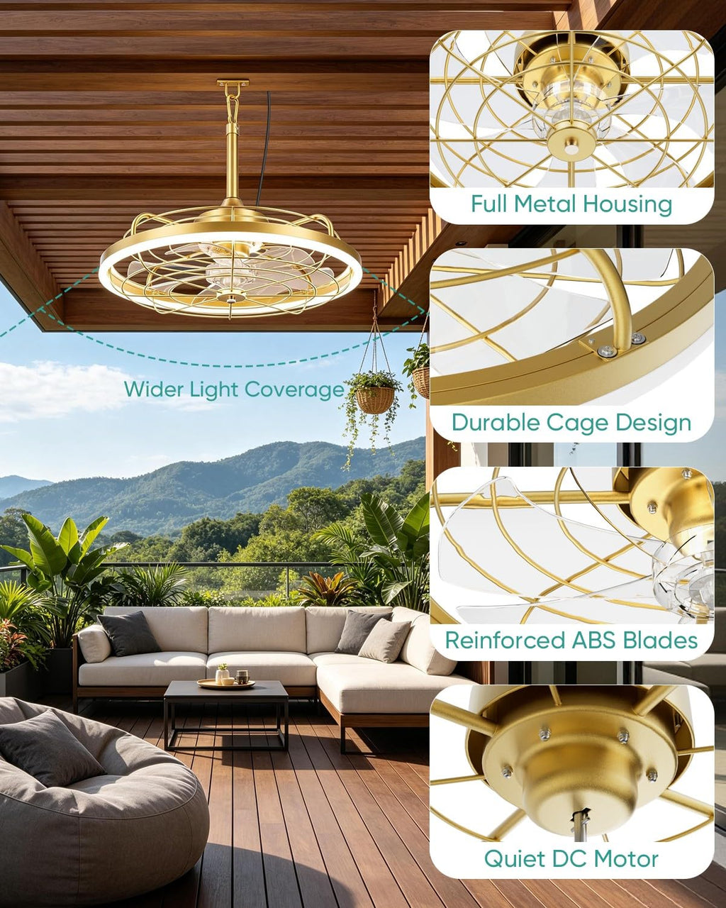 20" Gold Outdoor Ceiling Fan with Light Z90312