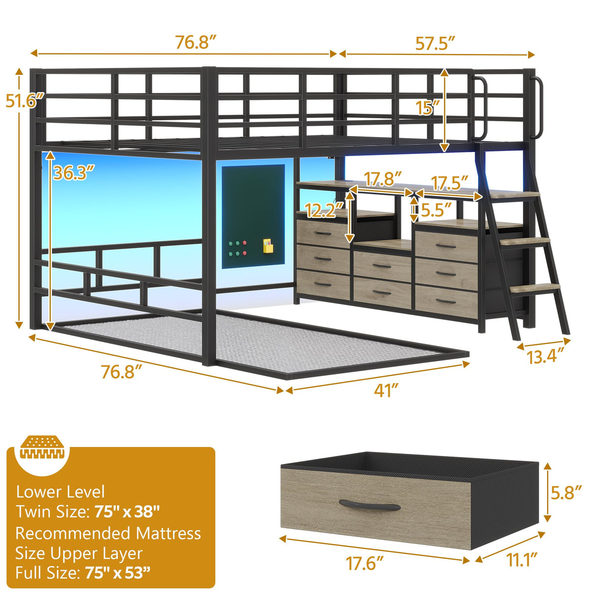 Full Over Twin Bunk Bed with 8 Drawers & 4 Shelves Q370