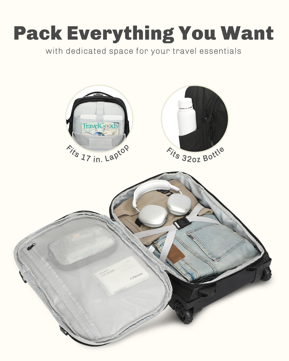 Rolling Backpack with Wheels 43L with Waist Pack Beige C76662