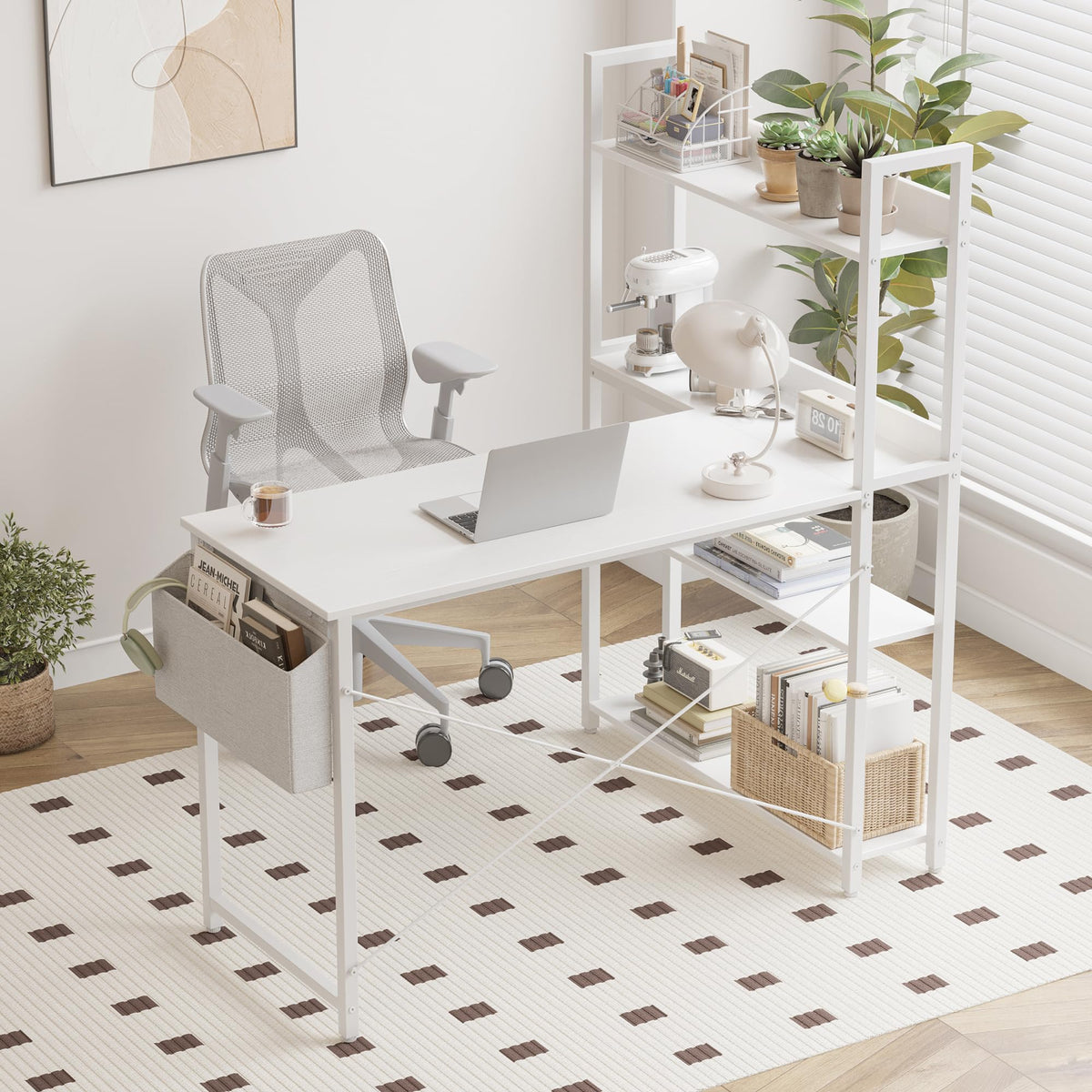 47 Inch White Computer Desk with Bookshelf X265293