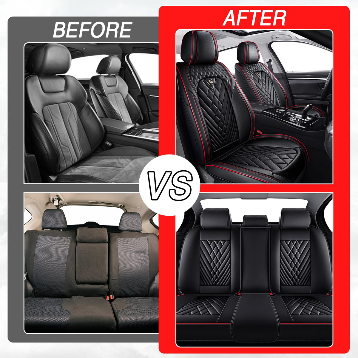 Black-Red Leather Car Seat Covers Full Set B368