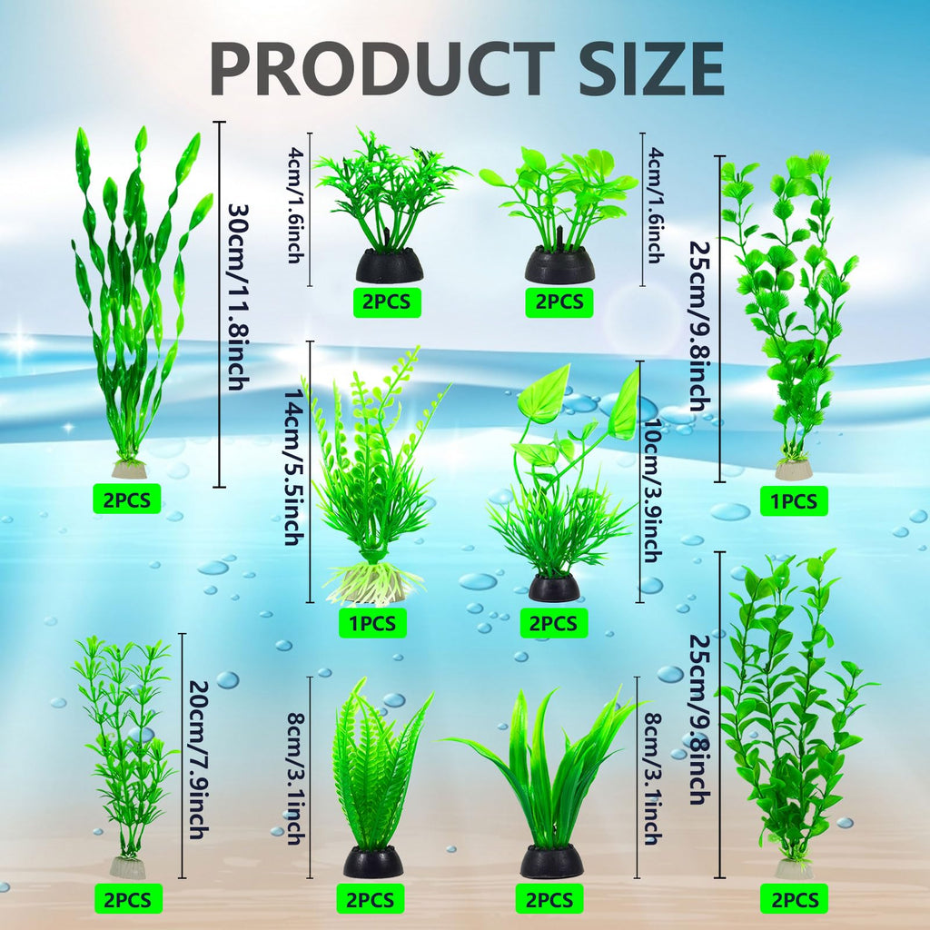 Artificial Aquarium Plants Set, Plastic Fish Tank Decorations (18pcs-Green) T193