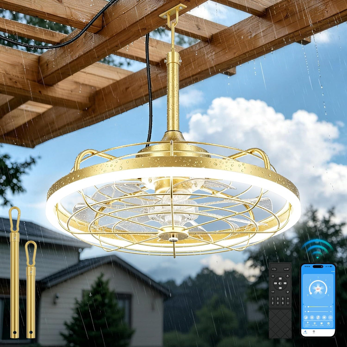 20" Gold Outdoor Ceiling Fan with Light Z90312