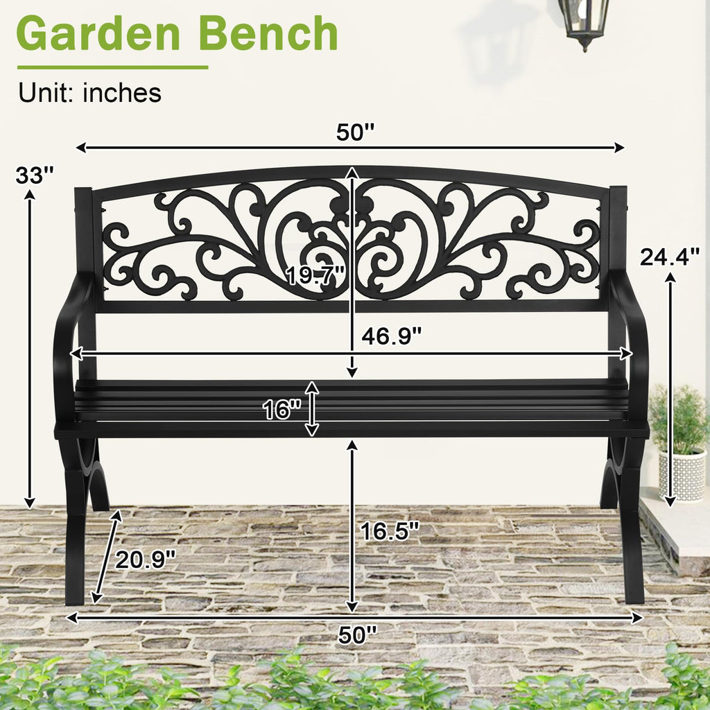 50 Inches Black Metal Outdoor Garden Bench with Floral Pattern Backrest D36637