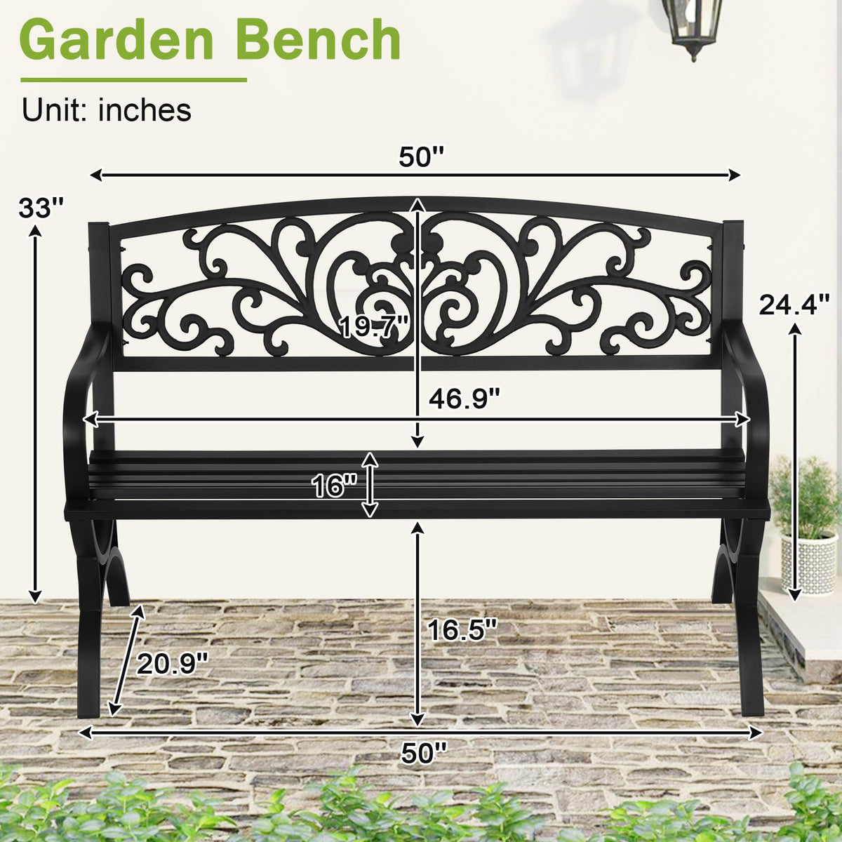 50 Inches Black Metal Outdoor Garden Bench with Floral Pattern Backrest D36637