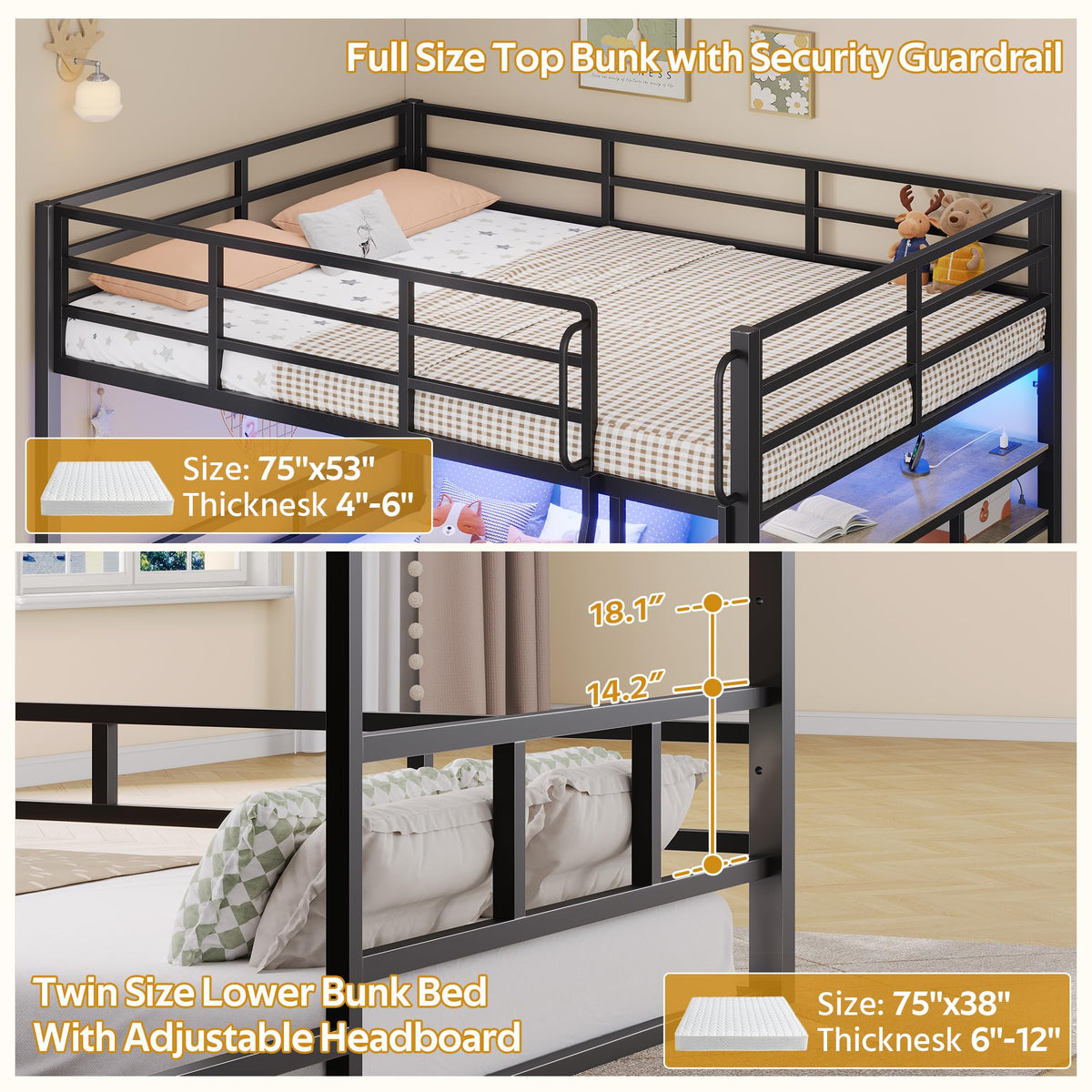 Full Over Twin Bunk Bed with 8 Drawers & 4 Shelves Q370