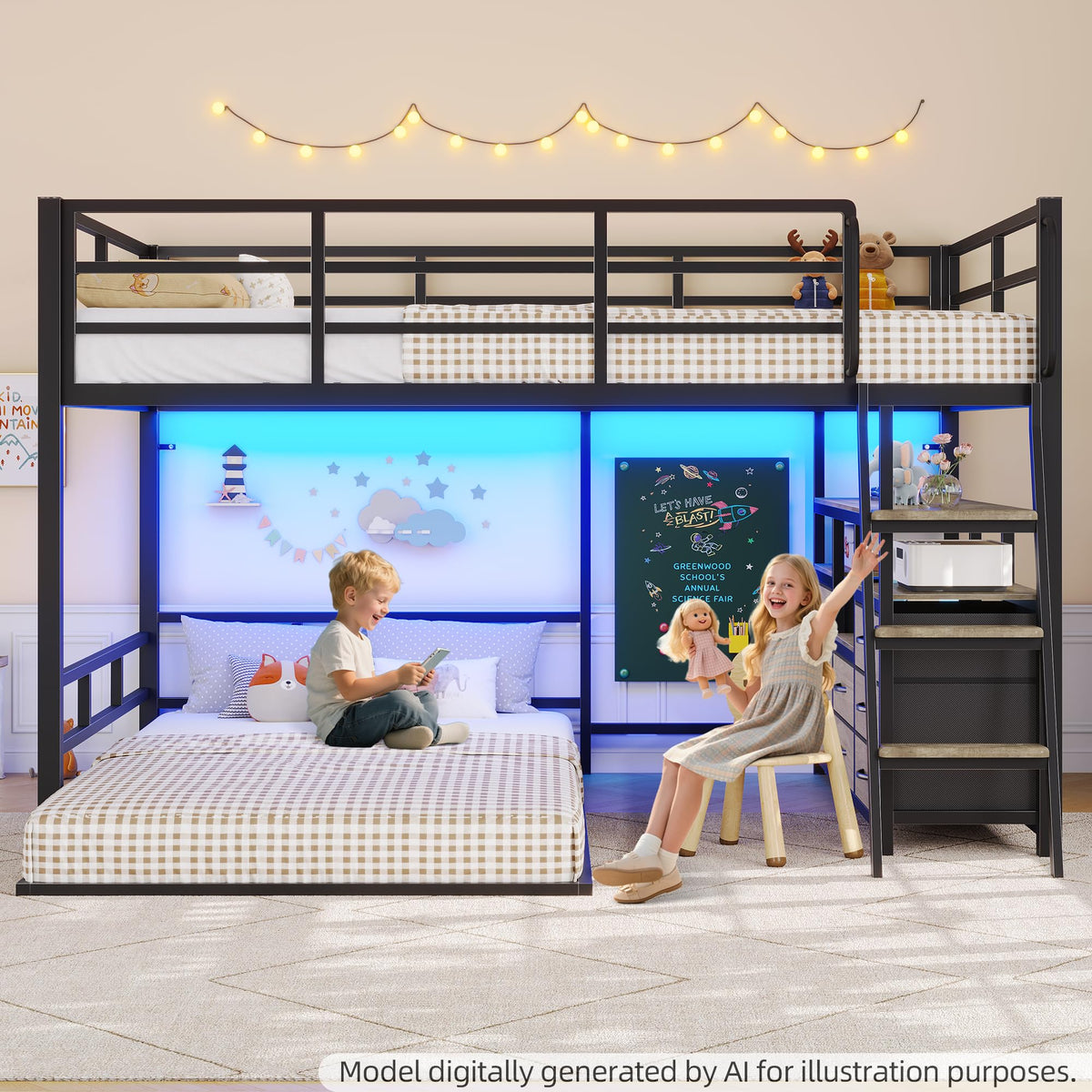 Full Over Twin Bunk Bed with 8 Drawers & 4 Shelves Q370