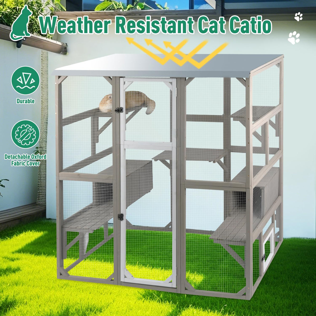 Large Wooden Outdoor Cat Catio Enclosure with 2 Doors, 2 Resting Rooms, 5 Platforms T803