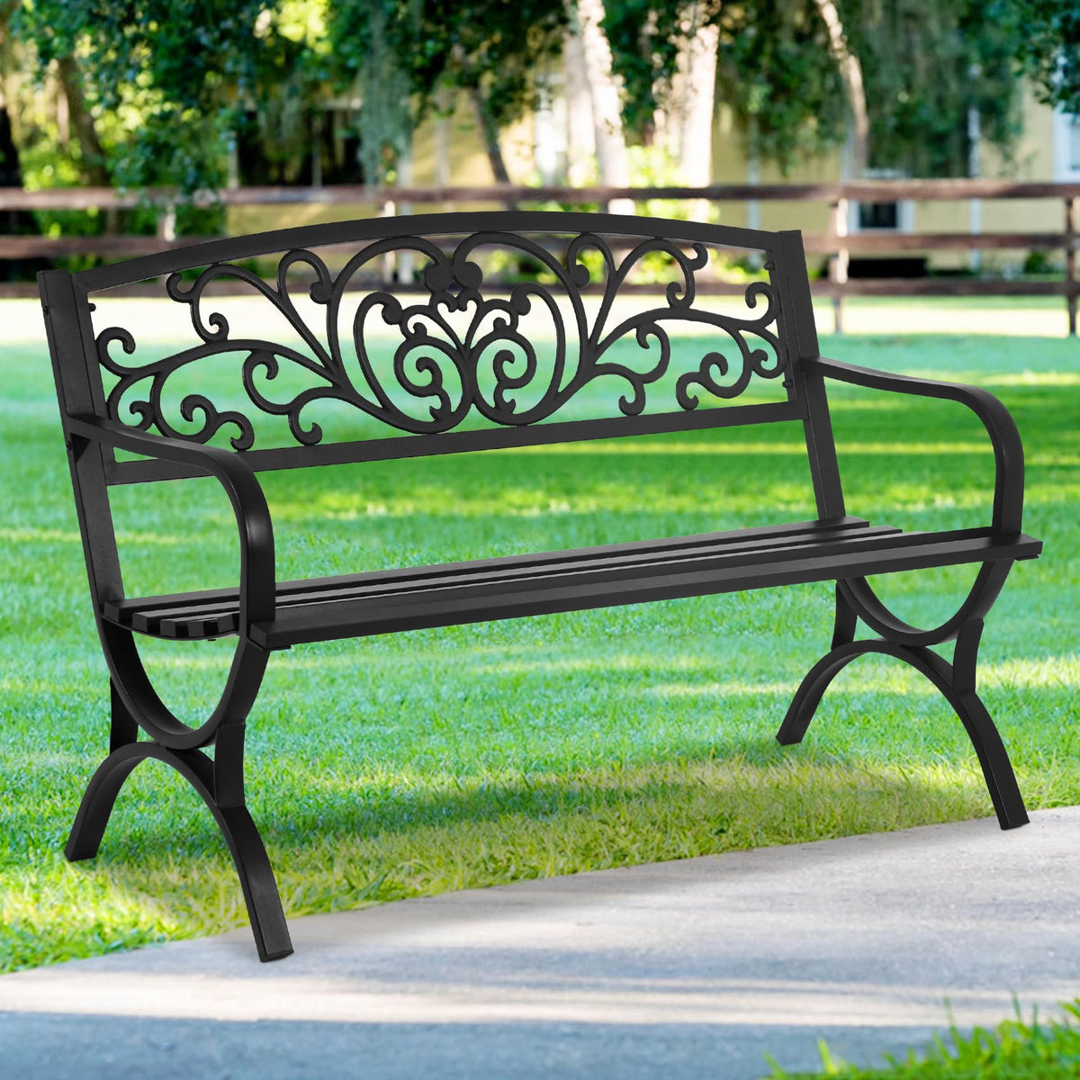 50 Inches Black Metal Outdoor Garden Bench with Floral Pattern Backrest D36637