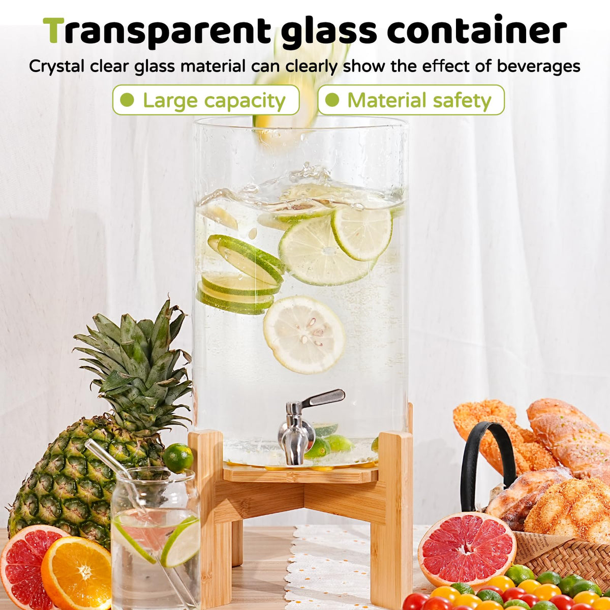 2.2 Gallon Glass Beverage Dispenser with Wood Stand and Stainless Steel Spigot G17899