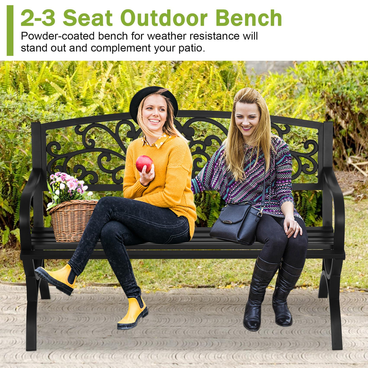 50 Inches Black Metal Outdoor Garden Bench with Floral Pattern Backrest D36637