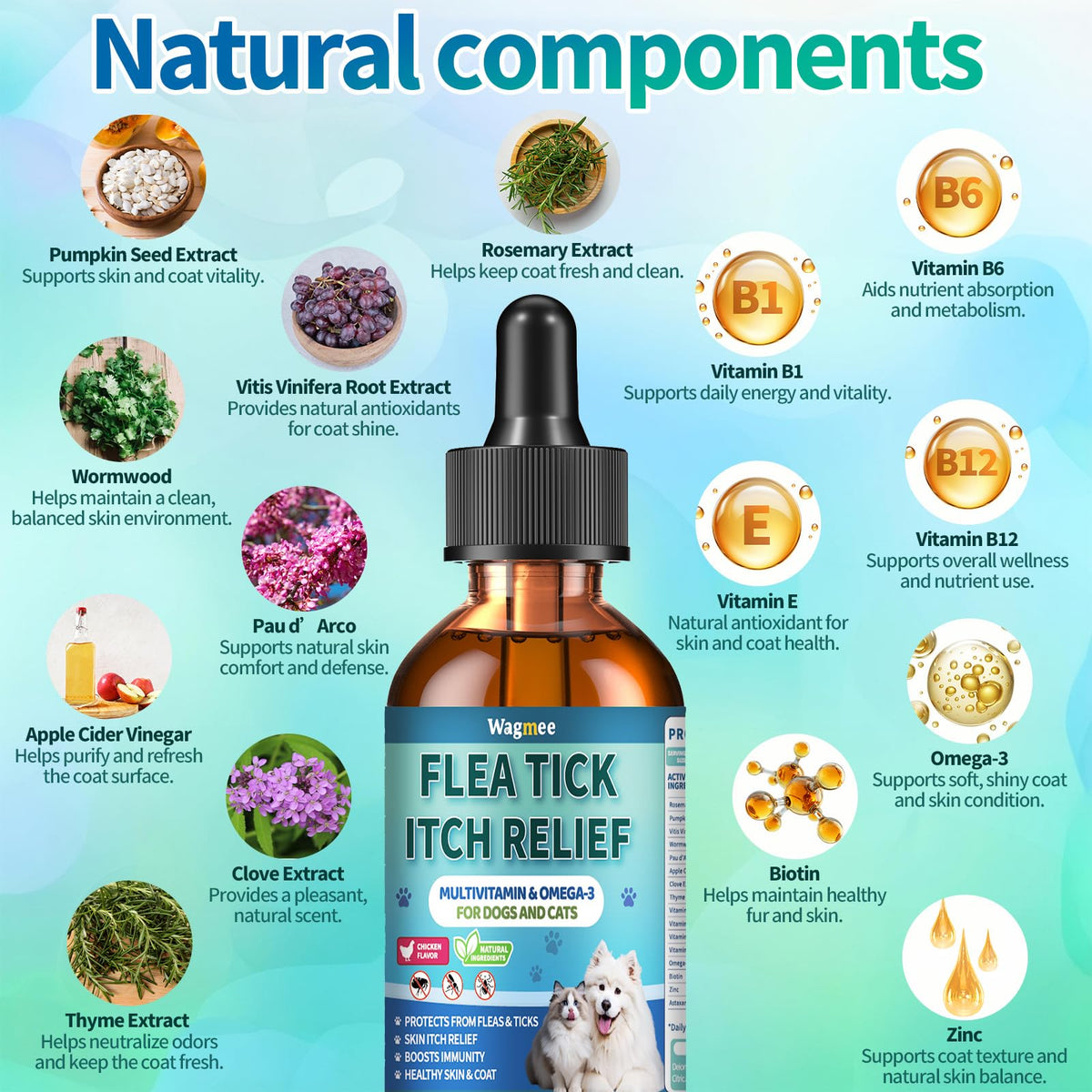 Natural Oral Flea and Tick Drops with Multivitamin for Pets A9326