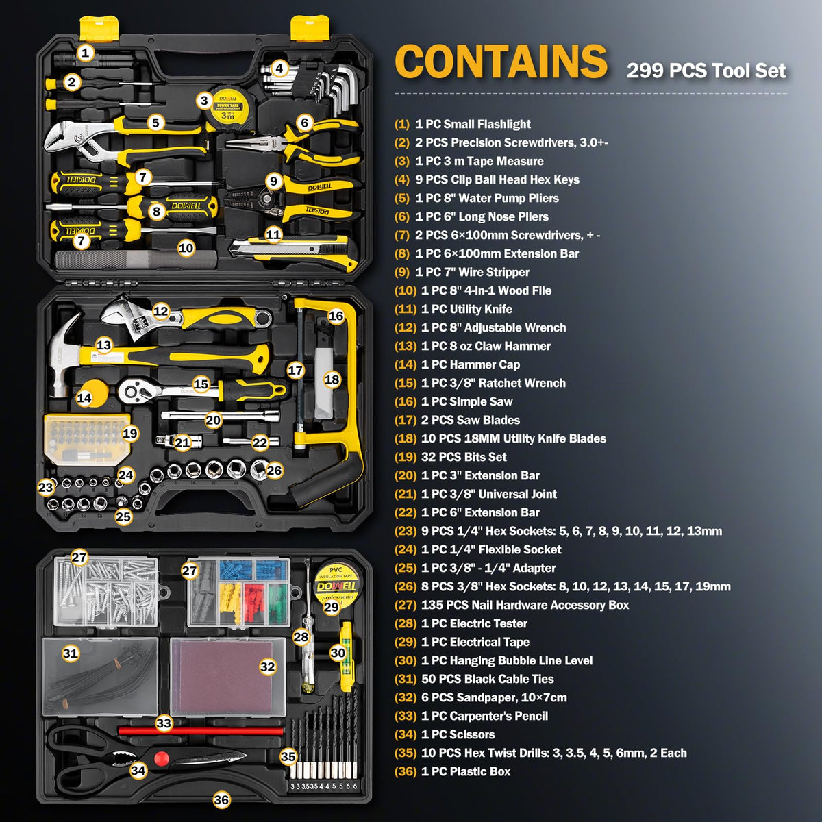 299-Piece Professional Hand Tool Set with Sockets, Pliers, Hex Keys, Screwdrivers H2338